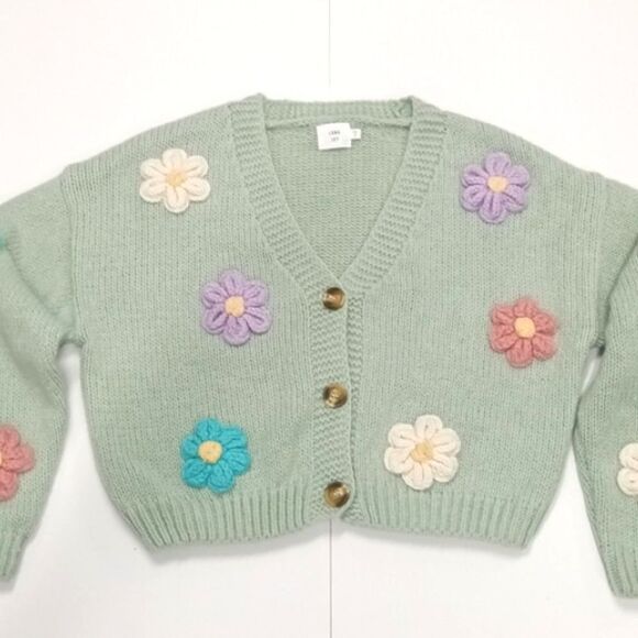 Luna Ivy x Anthropologie Cable Knit Cardigan Light Green w/Crotched Flowers Sz S - Picture 2 of 6